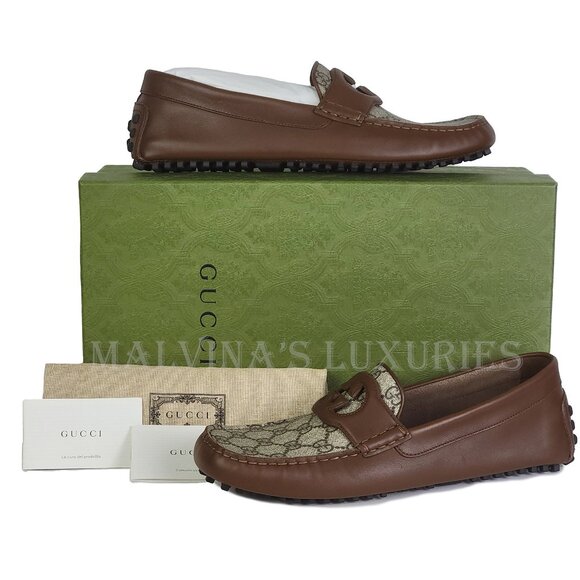 GUCCI SHOES G LOGO SUPREME BROWN LEATHER LOAFERS MOCCASINS - Picture 3 of 15